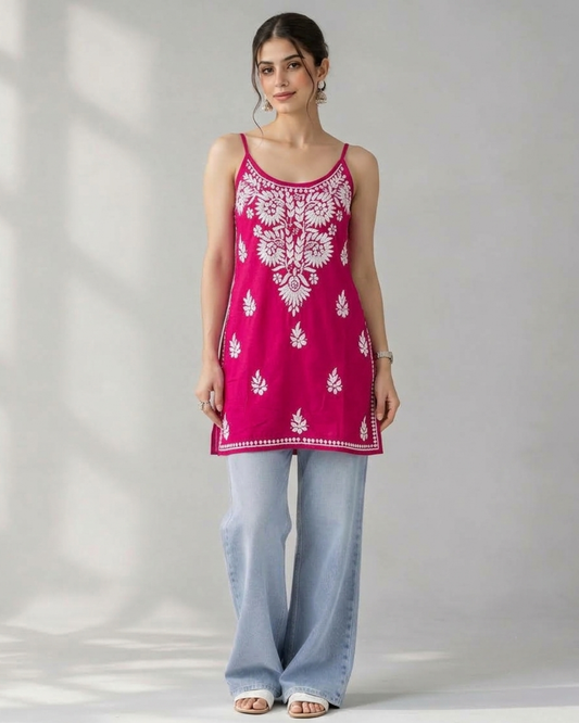 Floral Chikankari Sleeveless Rayon Kurti