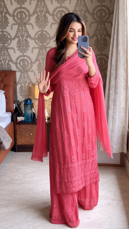 Duoriia Rosé Bloom Chikankari Kurta Set
