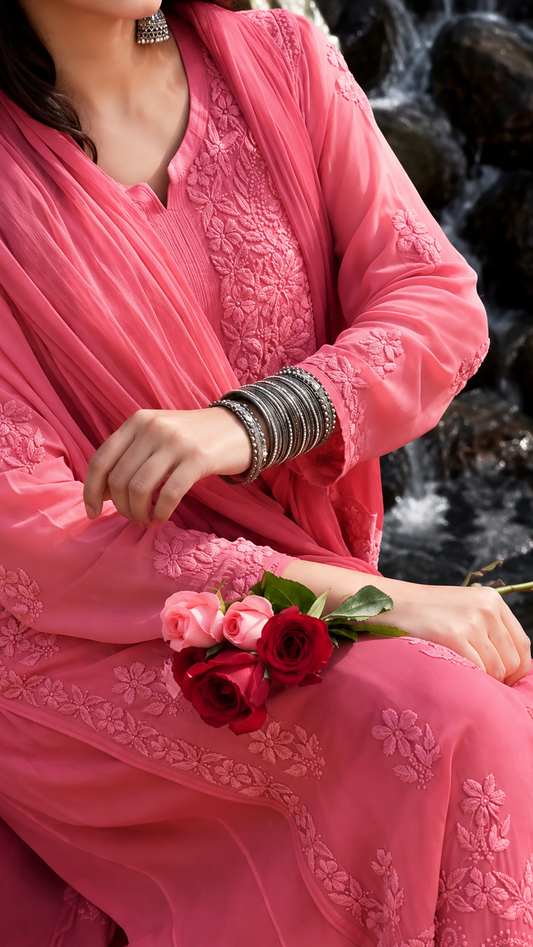 Duoriia Rosé Bloom Chikankari Kurta Set