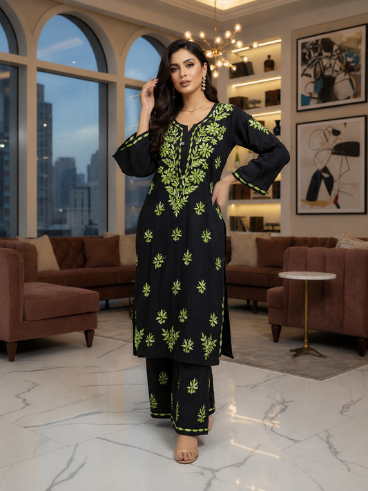 Zehra Olive Chikankari Palazzo Set