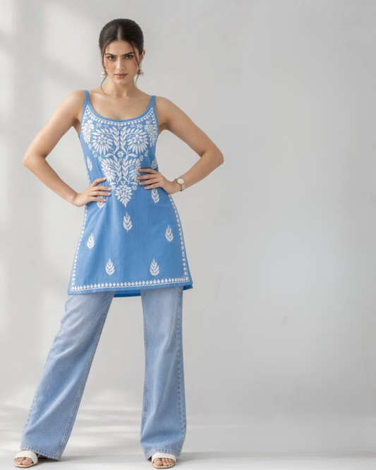 Floral Chikankari Sleeveless Rayon Kurti