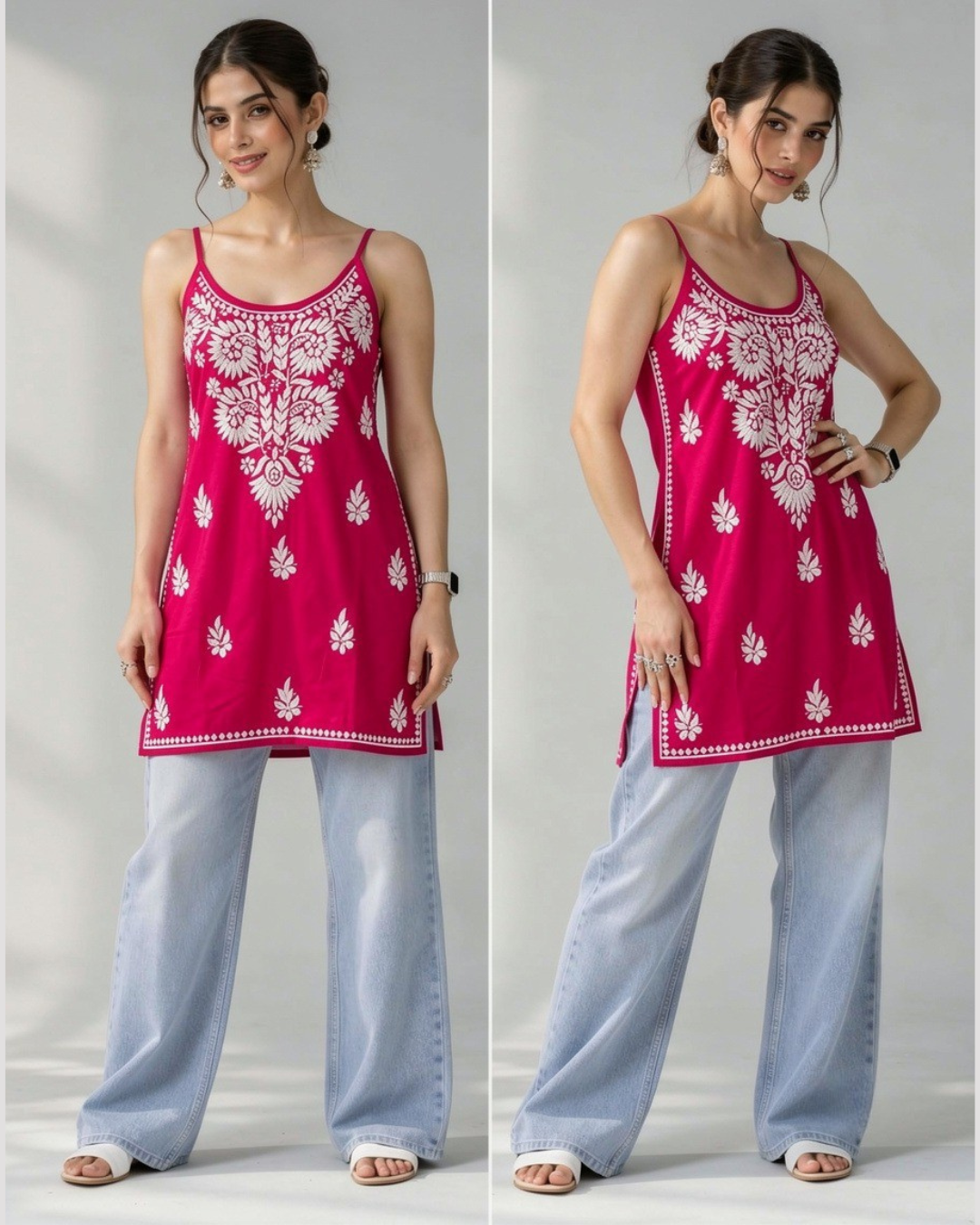 Floral Chikankari Sleeveless Rayon Kurti