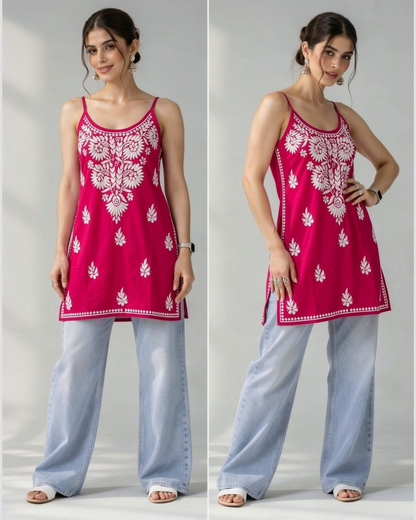 Floral Chikankari Sleeveless Rayon Kurti
