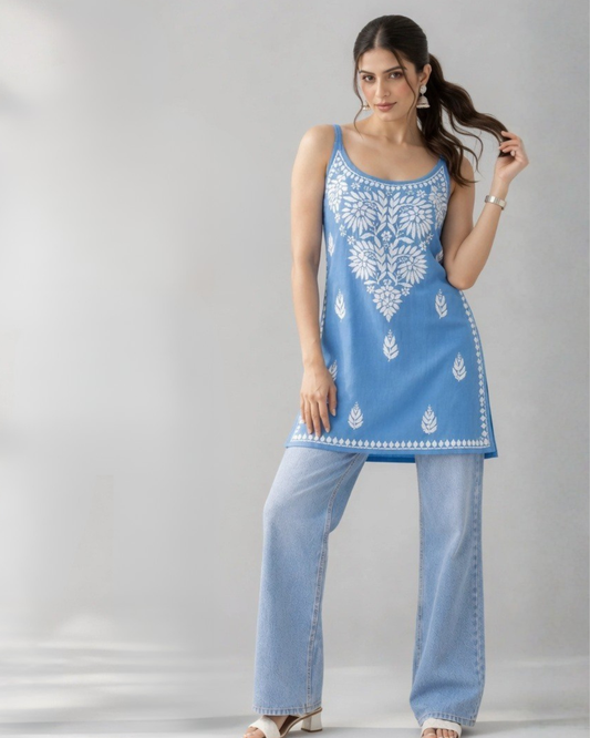 Floral Chikankari Sleeveless Rayon Kurti