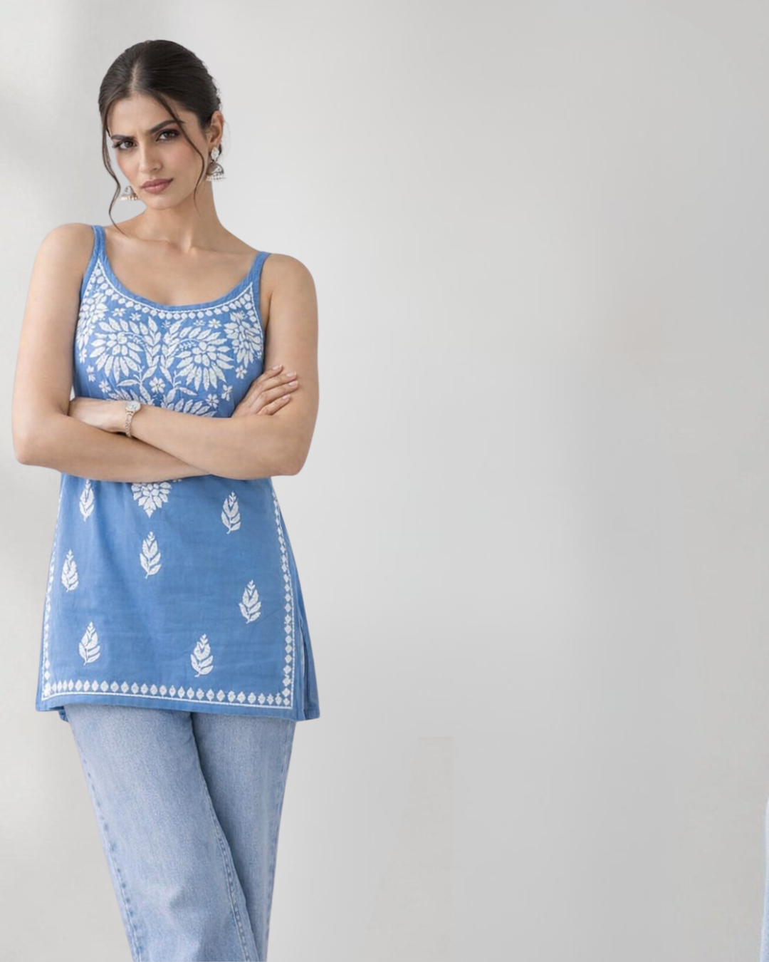 Floral Chikankari Sleeveless Rayon Kurti