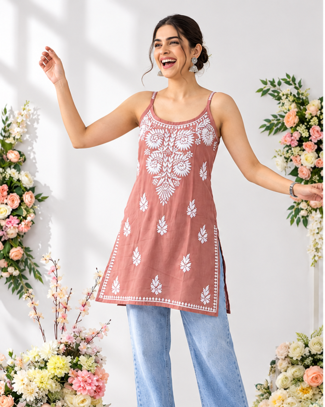 Floral Chikankari Sleeveless Rayon Kurti