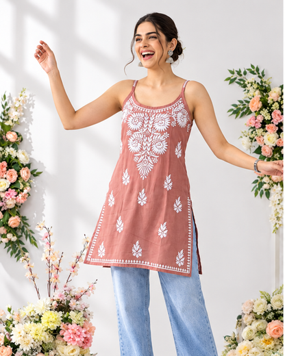 Floral Chikankari Sleeveless Rayon Kurti