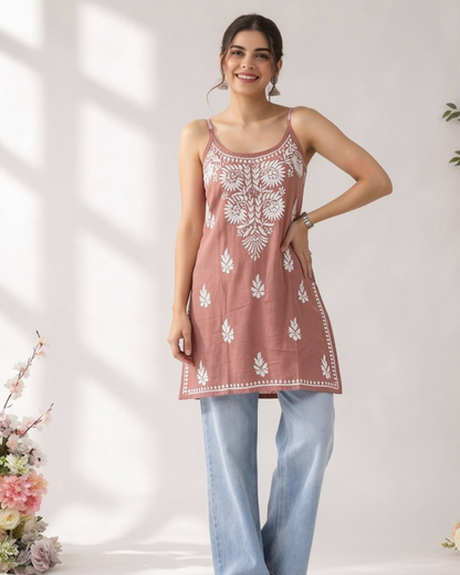 Floral Chikankari Sleeveless Rayon Kurti