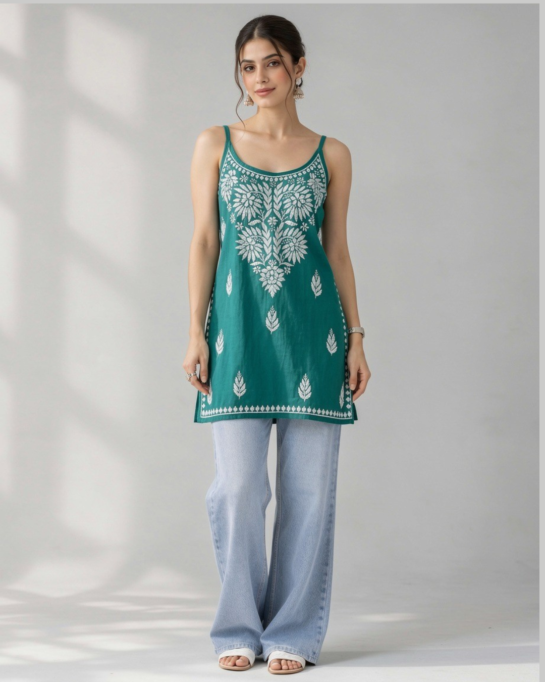 Floral Chikankari Sleeveless Rayon Kurti