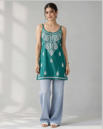 Floral Chikankari Sleeveless Rayon Kurti