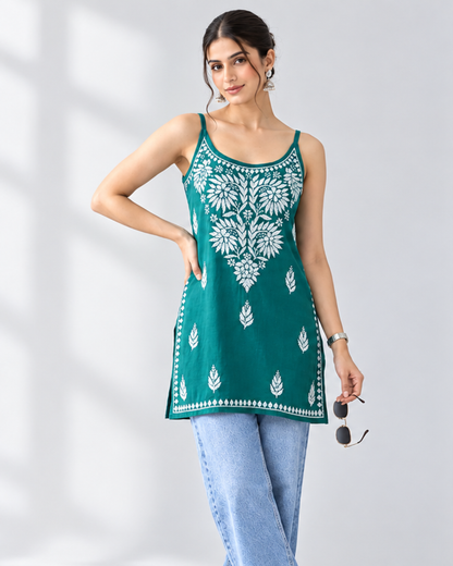 Floral Chikankari Sleeveless Rayon Kurti