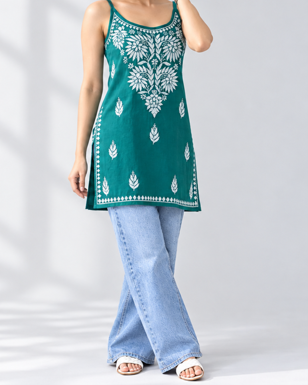 Floral Chikankari Sleeveless Rayon Kurti